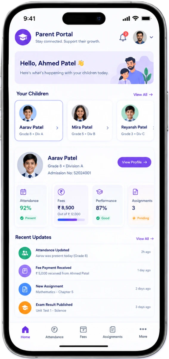 SchoolPro parent portal: children, attendance, fees and updates