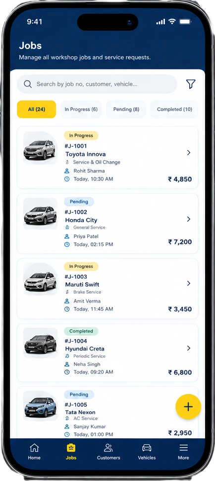 GarageFlow workshop jobs list